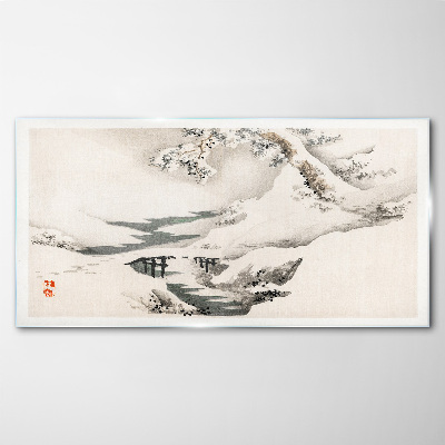Winter landscape with a bridge Glass art print