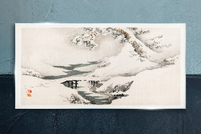 Winter landscape with a bridge Glass art print