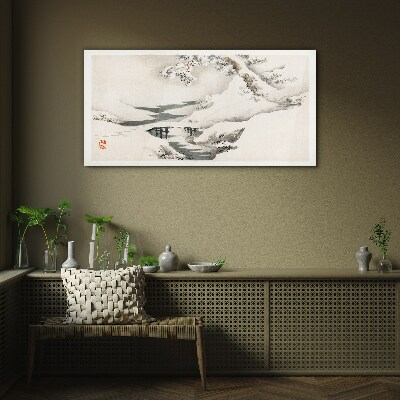 Winter landscape with a bridge Glass art print