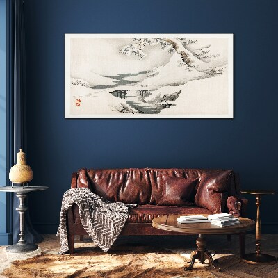 Winter landscape with a bridge Glass art print