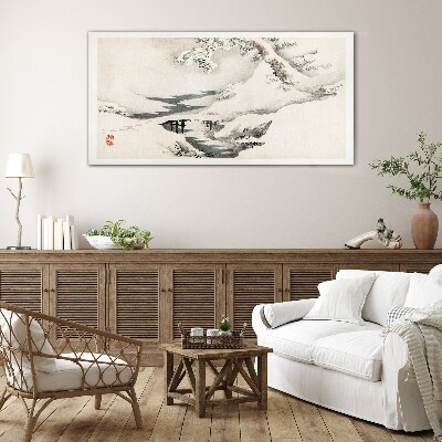 Winter landscape with a bridge Glass art print