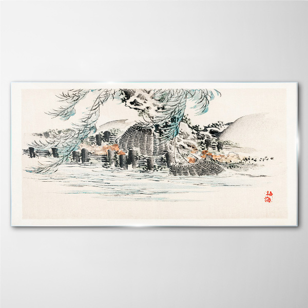 A peaceful landscape with a mountain lake Glass art print