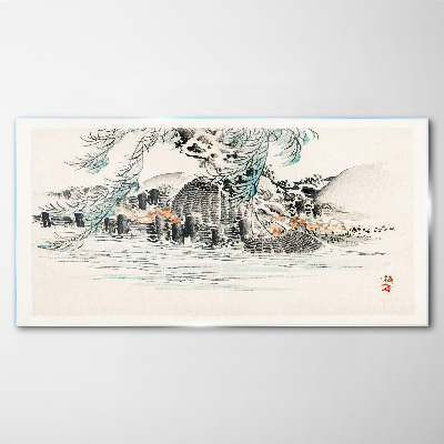 A peaceful landscape with a mountain lake Glass art print