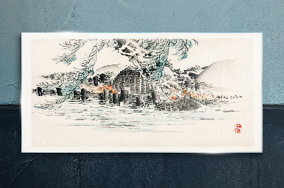A peaceful landscape with a mountain lake Glass art print