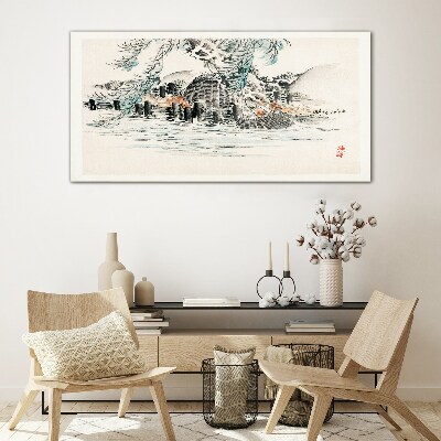 A peaceful landscape with a mountain lake Glass art print