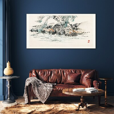 A peaceful landscape with a mountain lake Glass art print