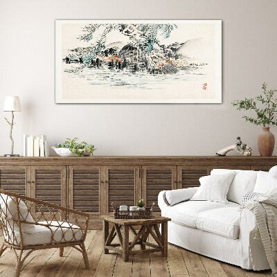 A peaceful landscape with a mountain lake Glass art print