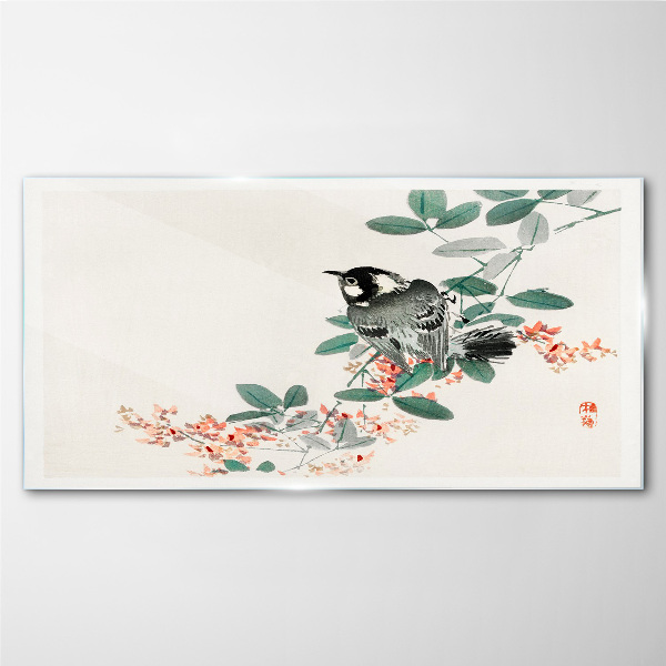 Bird on a background of flowers Glass art print