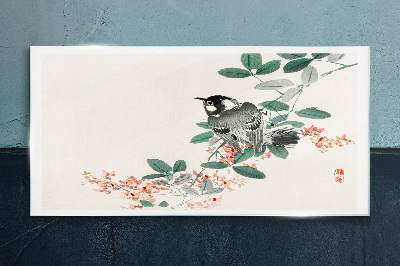 Bird on a background of flowers Glass art print