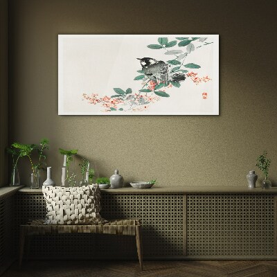 Bird on a background of flowers Glass art print