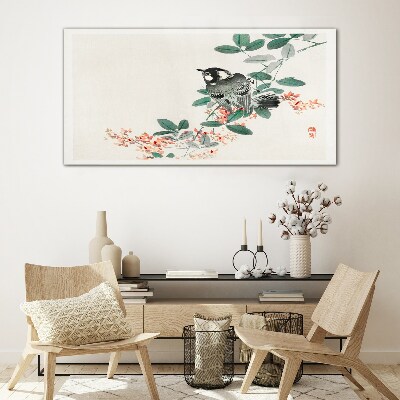 Bird on a background of flowers Glass art print