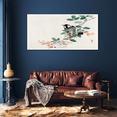 Bird on a background of flowers Glass art print