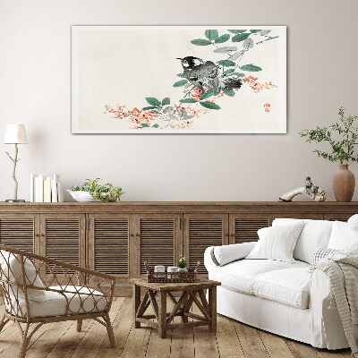 Bird on a background of flowers Glass art print