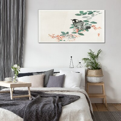 Bird on a background of flowers Glass art print