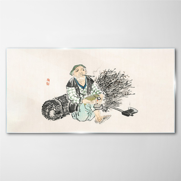 Old man with a broom Wall art on glass