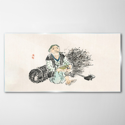 Old man with a broom Wall art on glass