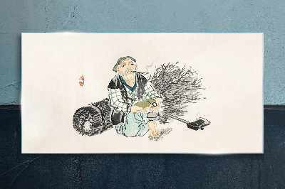 Old man with a broom Wall art on glass