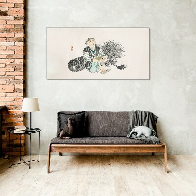 Old man with a broom Wall art on glass