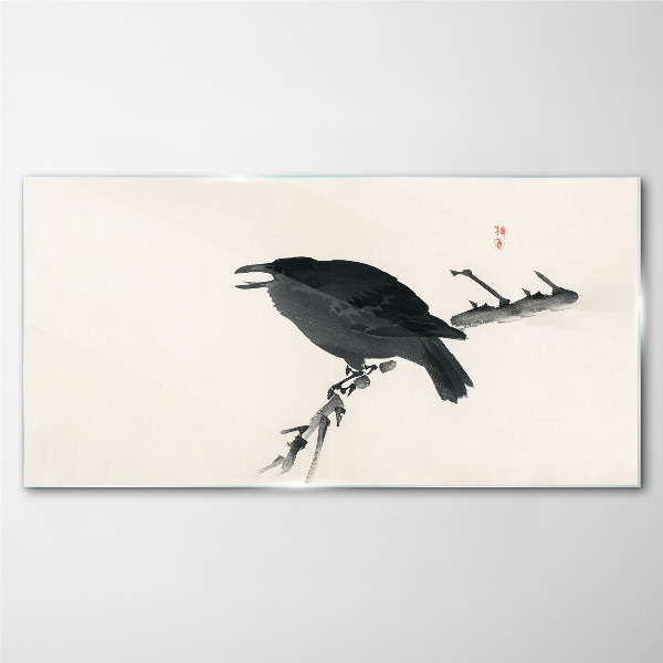 Black raven on a branch Wall art on glass