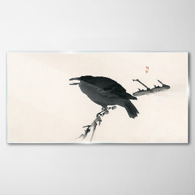 Black raven on a branch Wall art on glass