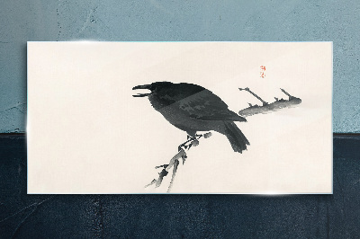 Black raven on a branch Wall art on glass
