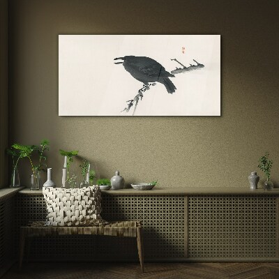 Black raven on a branch Wall art on glass