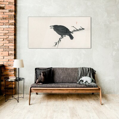 Black raven on a branch Wall art on glass