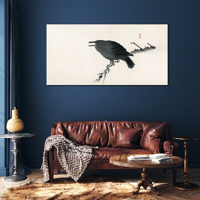 Black raven on a branch Wall art on glass