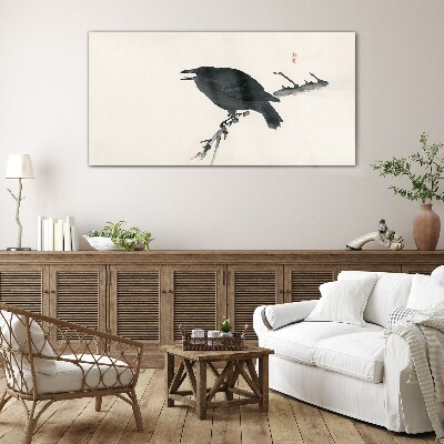 Black raven on a branch Wall art on glass