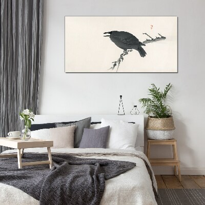 Black raven on a branch Wall art on glass