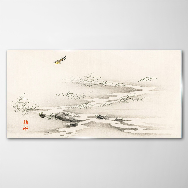 A peaceful landscape with a bird Wall art on glass