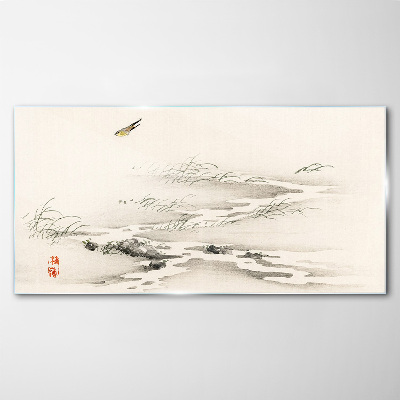 A peaceful landscape with a bird Wall art on glass