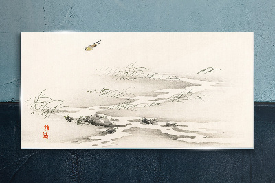 A peaceful landscape with a bird Wall art on glass