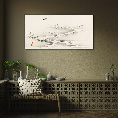 A peaceful landscape with a bird Wall art on glass