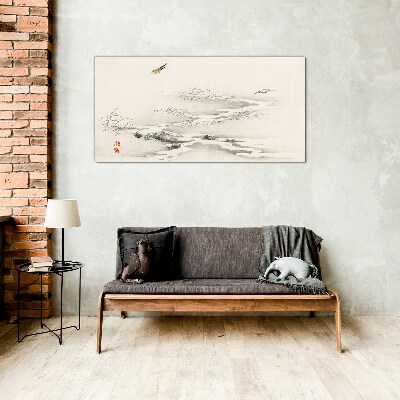 A peaceful landscape with a bird Wall art on glass