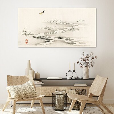 A peaceful landscape with a bird Wall art on glass