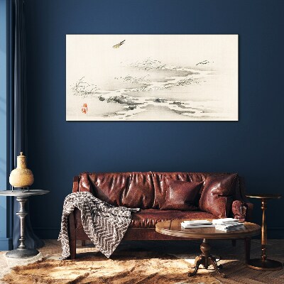 A peaceful landscape with a bird Wall art on glass