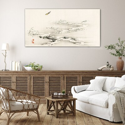 A peaceful landscape with a bird Wall art on glass