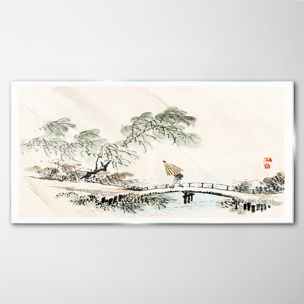 A peaceful landscape with a bridge Glass art print