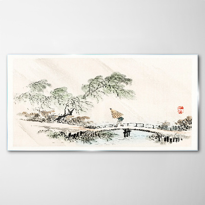 A peaceful landscape with a bridge Glass art print