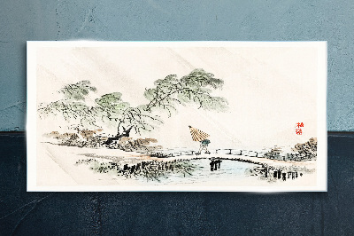 A peaceful landscape with a bridge Glass art print