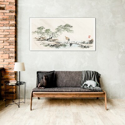 A peaceful landscape with a bridge Glass art print