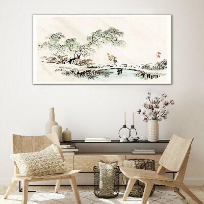 A peaceful landscape with a bridge Glass art print