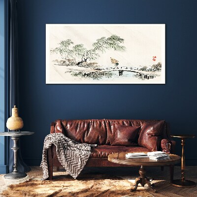 A peaceful landscape with a bridge Glass art print