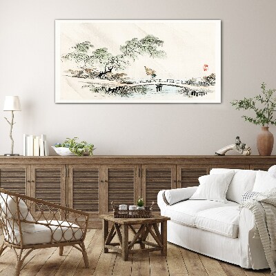 A peaceful landscape with a bridge Glass art print