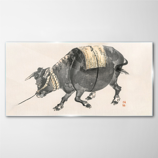 Horned cow on the move Wall art on glass