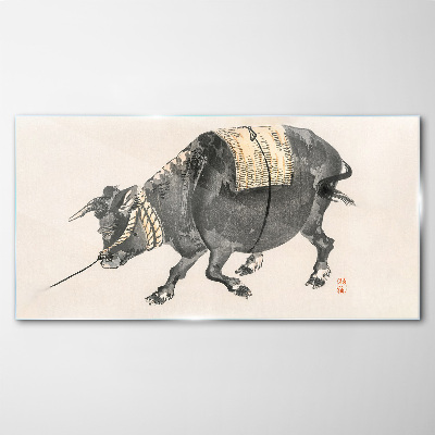 Horned cow on the move Wall art on glass