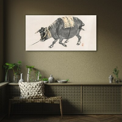 Horned cow on the move Wall art on glass