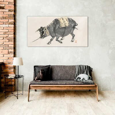 Horned cow on the move Wall art on glass