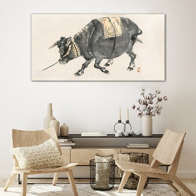 Horned cow on the move Wall art on glass